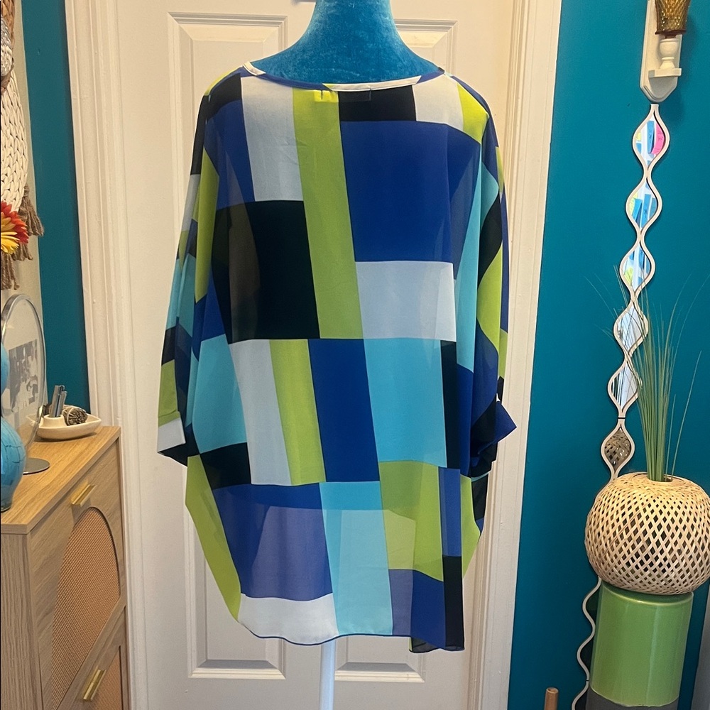Allegra K Blue and Green Sheer Geometric Blouse - Picture 3 of 4